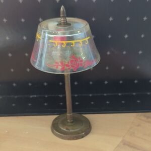 Vintage Brass Floor Lamp with Floral Glass Shade Perfume Bottle Set